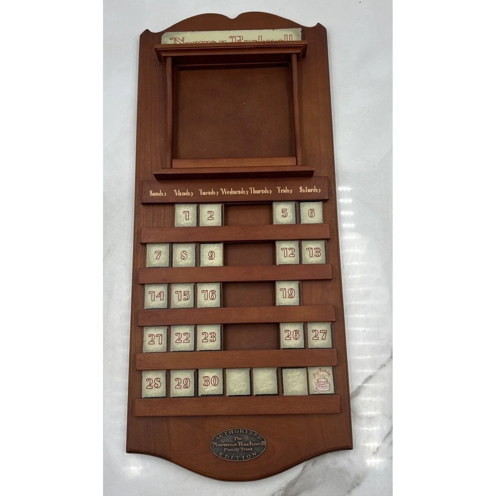 Norman Rockwell Perpetual Calendar Wood Wall Hanging Missing Number Tiles